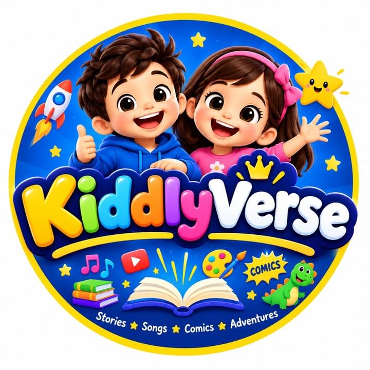 KiddlyVerse logo: two smiling cartoon kids above the channel name, with a rocket, stars, books and a little green dinosaur
