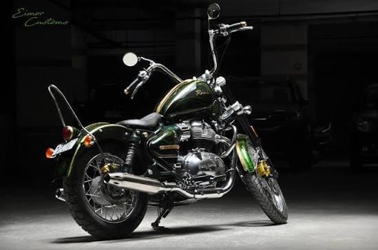 The plan: a Royal Enfield chopper build in dark green, with tall ape-hanger bars, a sissy bar and a low solo seat